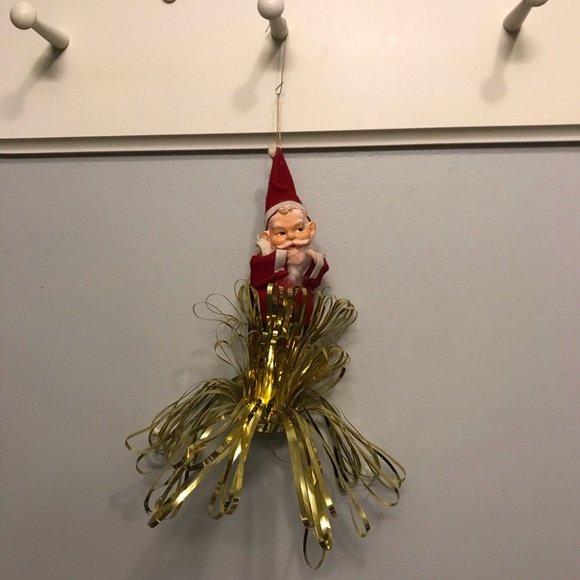 Vintage Distressed Mischievous Santa Claus Ornament Cascading Gold Tinsel** - Picture 2 of 15